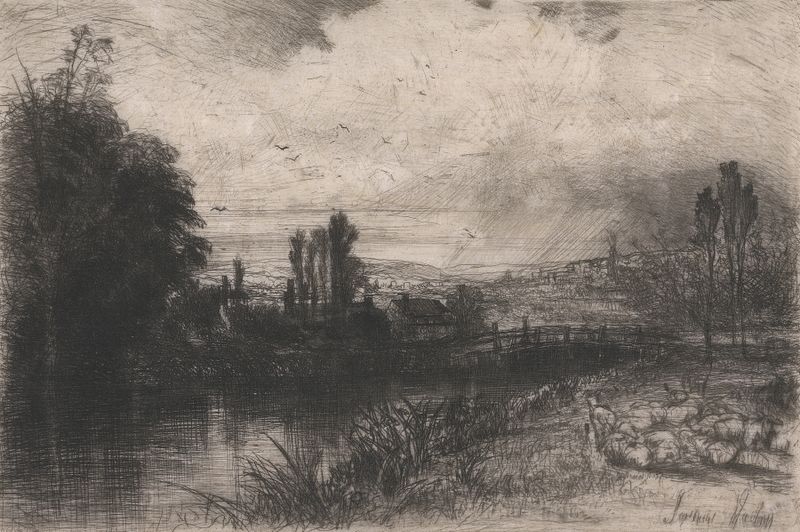 Grabado de Francis Seymour Haden de un pescador solitario lanzando una línea en un río