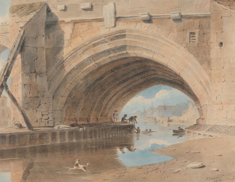 Bajo el Puente Ouse, Baño de John Varley, pintura al óleo que representa un paisaje de río sereno.