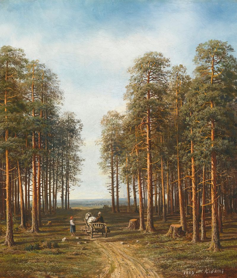 Camino a través del bosque de pinos de Mikhail Konstantinovich Klodt, realismo, representando un camino forestal con luz s...