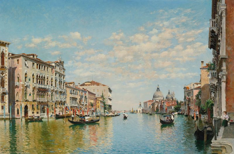 Gondoliers on the Grand Canal, Venice, oil on canvas by Federico del Campo