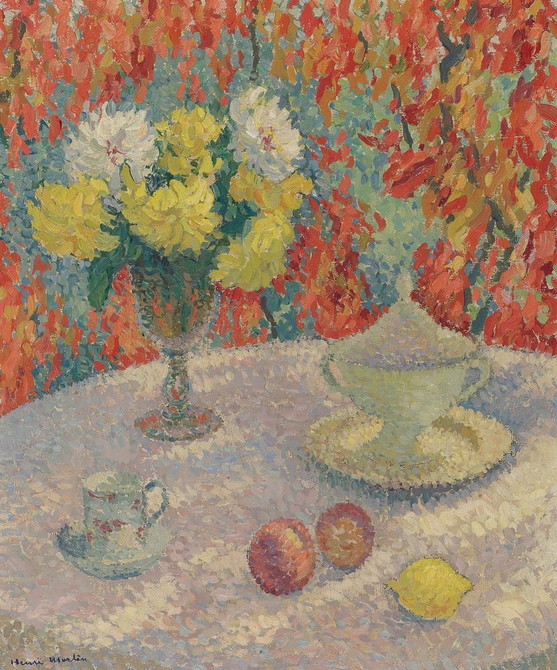 Dálias vibrantes em óleo sobre tela de Henri Martin