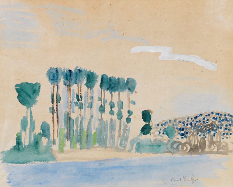 Pintura al óleo de Raoul Dufy que muestra árboles reflejados en la superficie del agua.