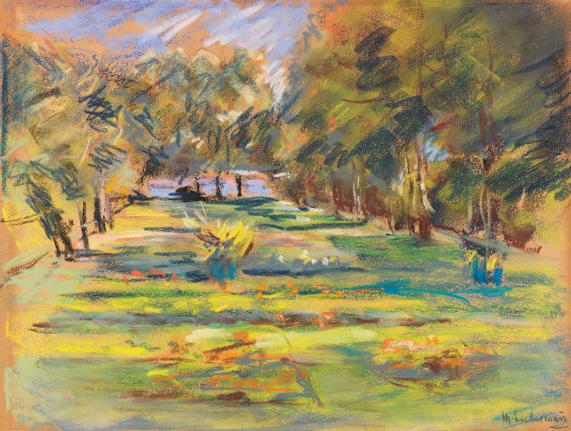Blick in den Wannseegarten, óleo sobre lienzo de Max Liebermann, que representa un jardín tranquilo con árboles frondosos.