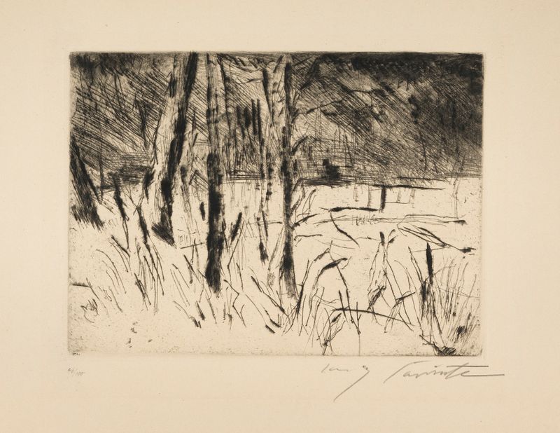 Tiergarten im Januar, oil on canvas by Lovis Corinth, depicting a winter landscape with bare trees.