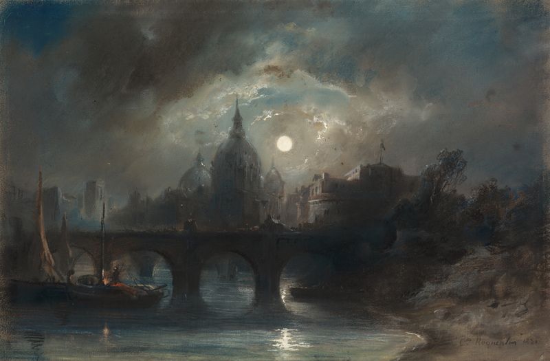 Vista de uma cidade à noite com reflexos na água, óleo de Camille Roqueplan