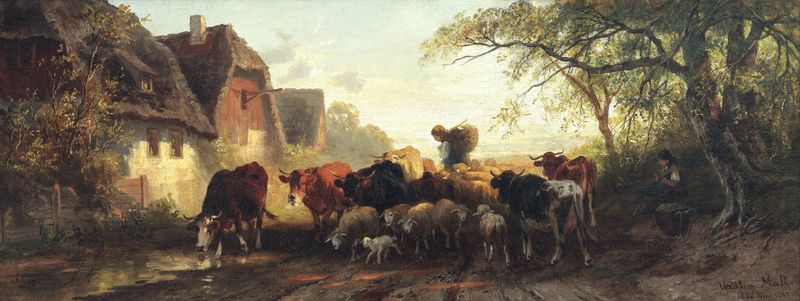 Pintura a óleo de Christian Mali retratando uma rua de aldeia ao crepúsculo com figuras.