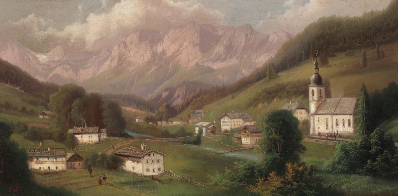 Landscape of a village in the Alps by Ferdinand Lepie, oil painting