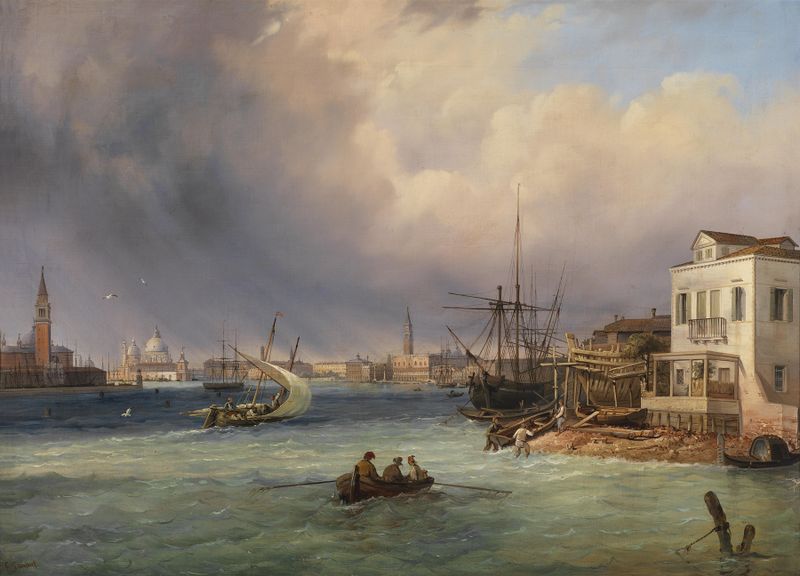 Blick auf Venedig bei Gewitterstimmung by Carlo Grubas, oil on canvas depicting a stormy landscape.