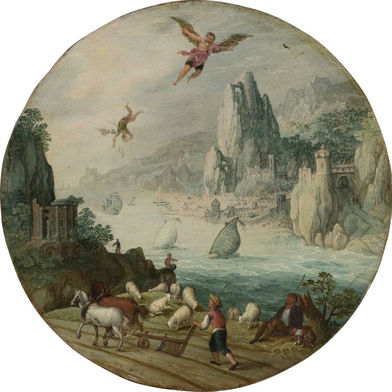 A Queda de Ícaro de Tobias Verhaecht, pintura a óleo mostrando as pernas de Ícaro submersas na água.