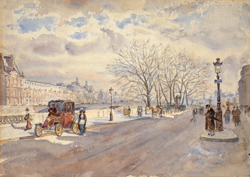 Landscape depicting the Louvre at dawn, oil painting by Guy De La Rochefoucauld