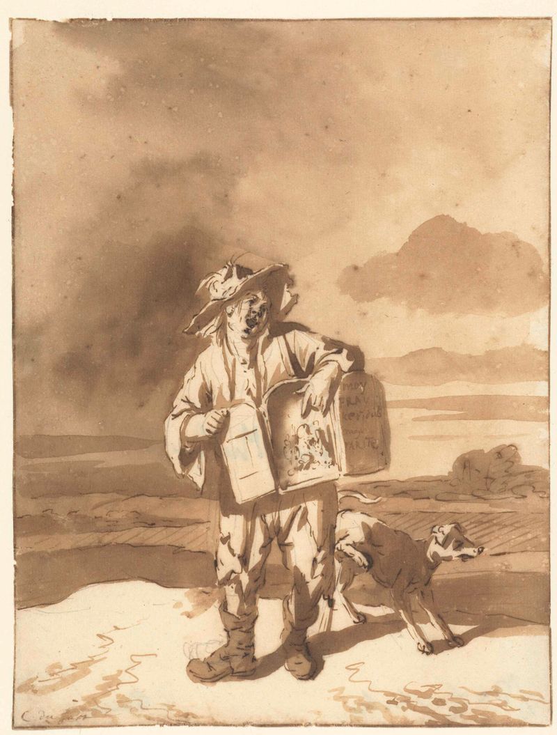 Oil on canvas by Cornelis Dusart depicting a boy with a peepshow and a dog.