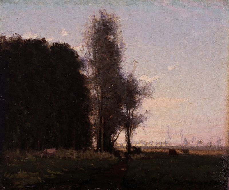 Pasture by the Woods, oil on canvas by Charles Augustus C. Lasar, depicting a tranquil forest landscape.
