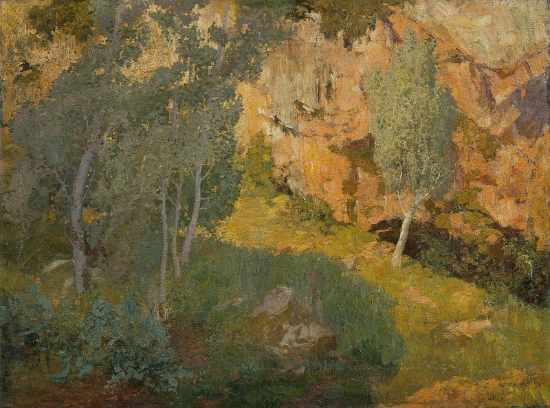 Oil painting by Adolf Gross depicting a sunlit rocky outcrop and vibrant vegetation.
