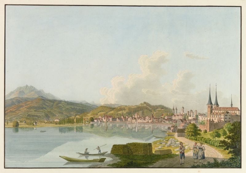 Luzern von der Ziegelhütte gezeichnet de David Alois Schmid, aquarela sobre papel retratando uma paisagem serena de lago.