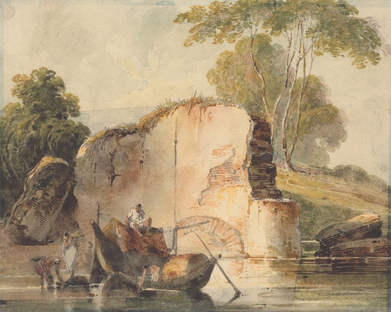 Una escena de río con reflejos y un cielo brumoso de George Chinnery, medio desconocido