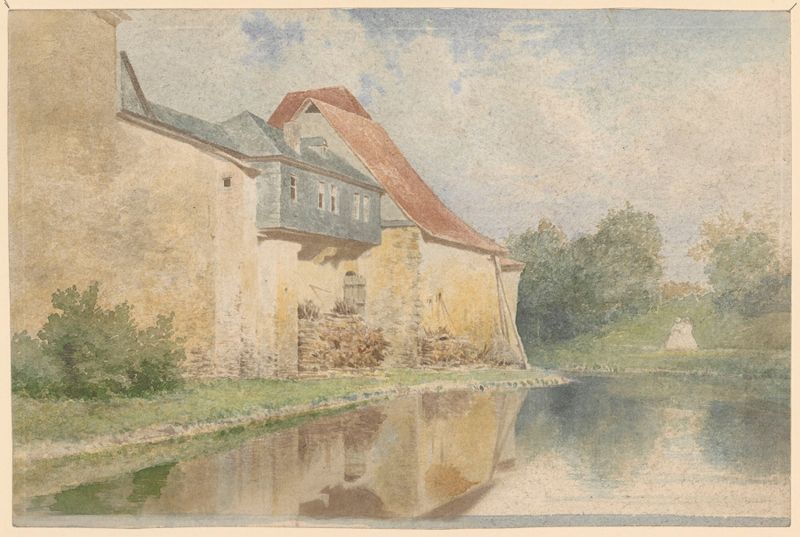 Casa na Beira da Água de Adolf Dressler, pintura a óleo que retrata uma paisagem tranquila com águas suaves.