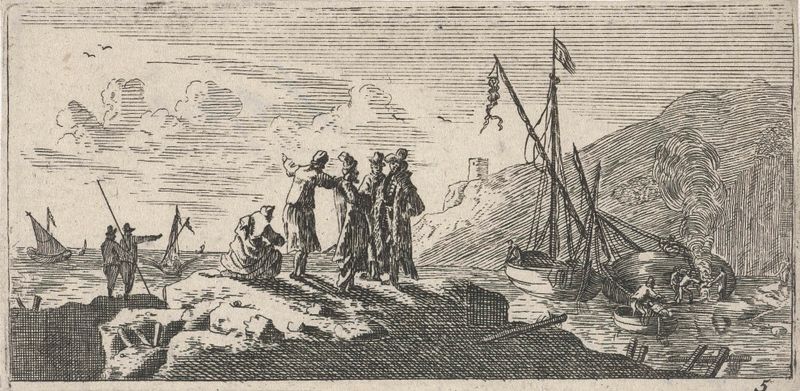 Grabado de Unknown Artist que muestra una escena de puerto con figuras y barcos