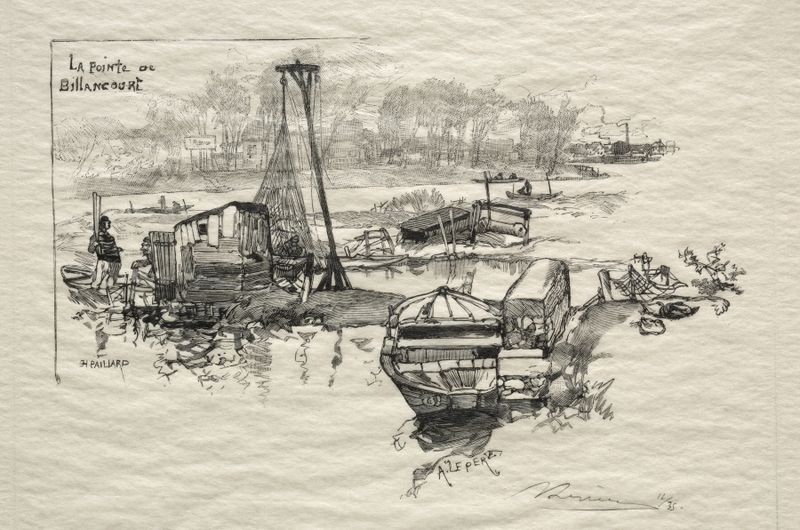 Gravura de Auguste Louis Lepère mostrando um rio com árvores e reflexos.