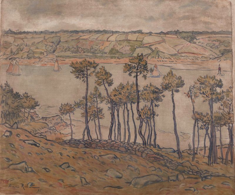 Aquarela de Henri Rivière representando uma baía com folhagem e paisagem ao fundo.