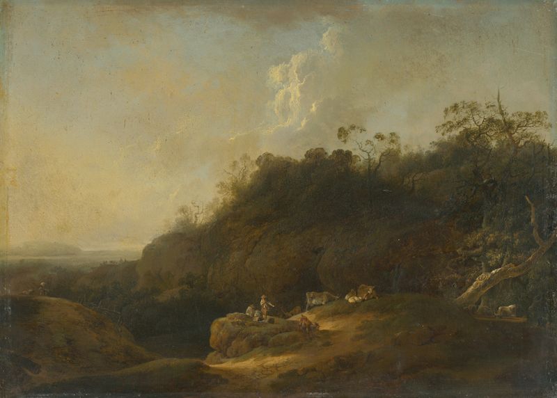Landscape with Shepherd, oil on canvas by Jan Wils, depicting a tranquil countryside with a shepherd.