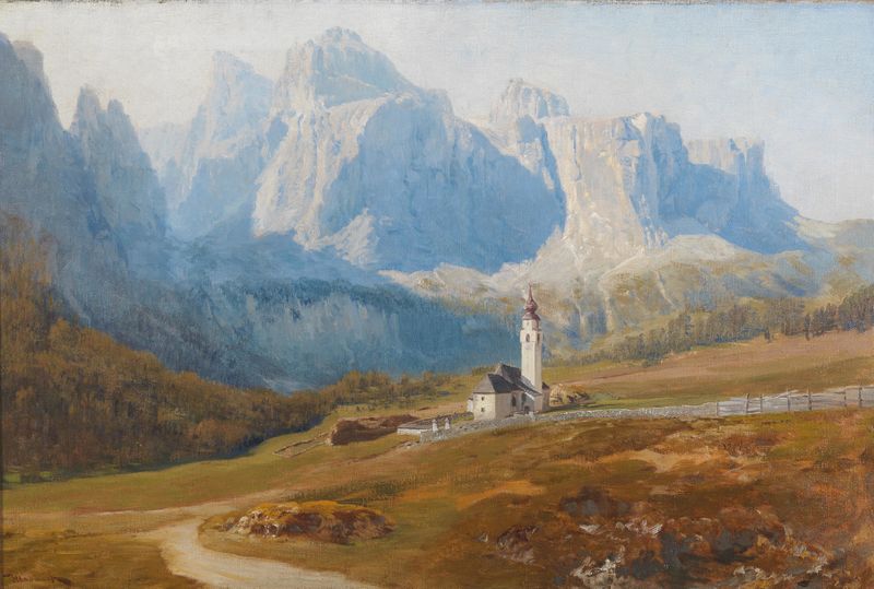 Pintura de paisaje al óleo de Anton Hlavacek con montañas y un valle.