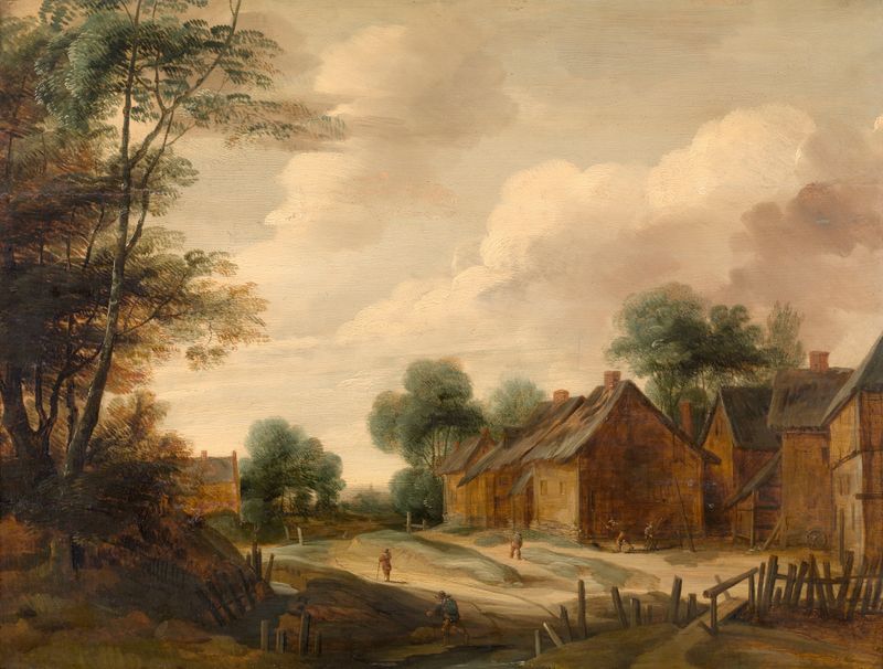 Landscape with a Farm by Lodewijk de Vadder, oil on canvas, featuring a farmhouse and fields under sunlight.