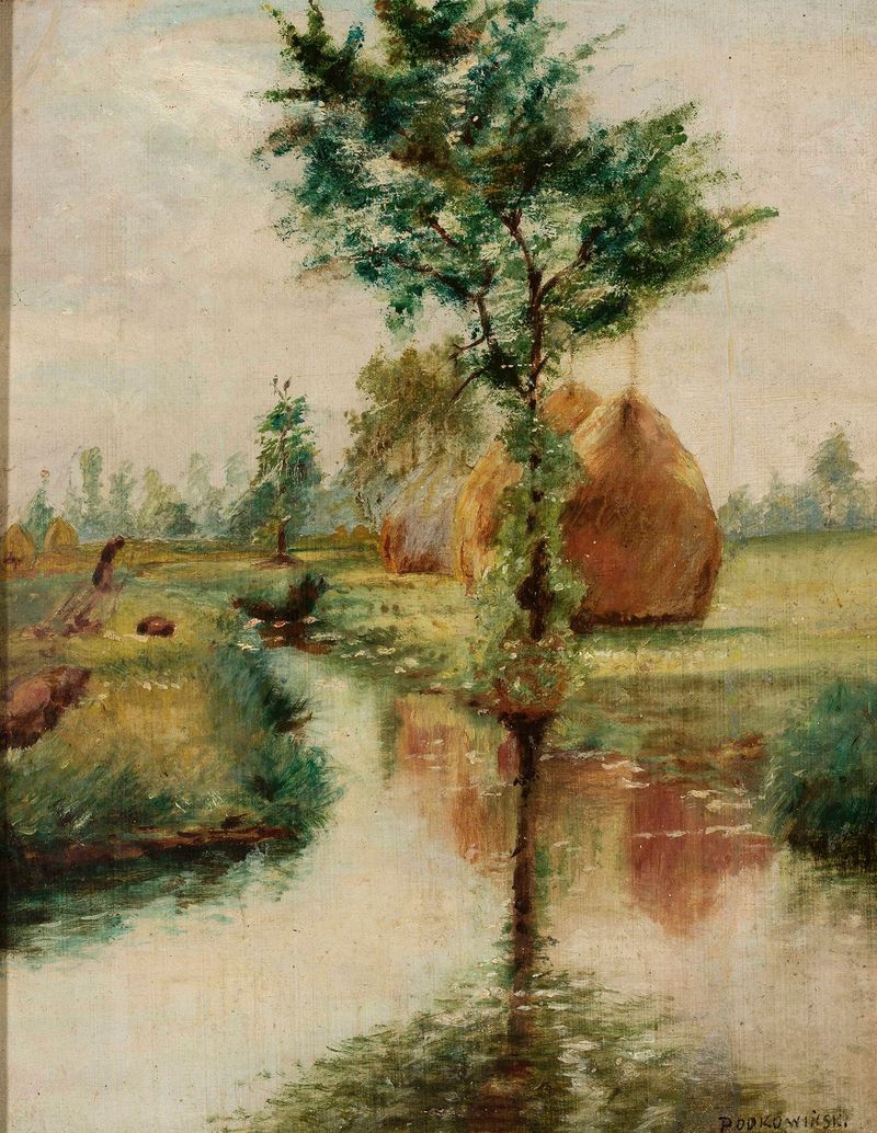 Haystacks at a stream by Władysław Podkowiński, impressionism