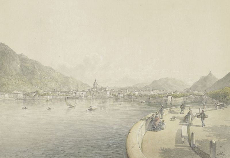 Como, a romantic landscape by Karoly Lajos Libay, depicting a tranquil lake and mountains, oil painting