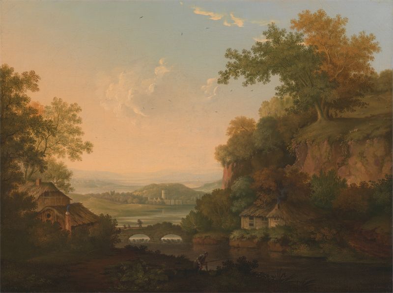A River Scene with Thatched Huts de James Lambert, pintura al óleo que muestra un paisaje sereno de río.