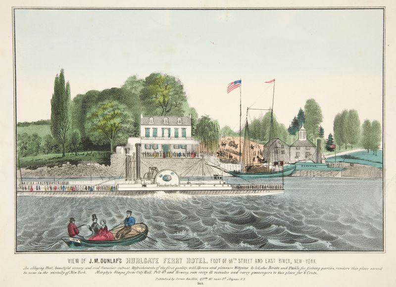 Pintura a óleo de paisagem por James S. Baillie mostrando o Hotel Hurlgate Ferry de Dunlap.