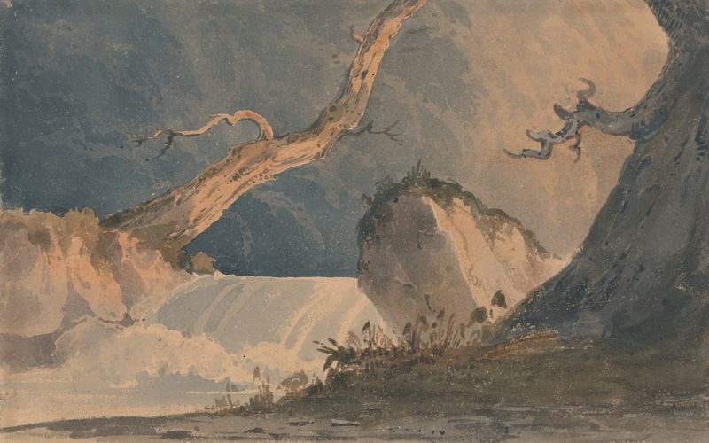 Waterfall in a Desolate Landscape de John Sell Cotman, pintura al óleo que muestra una cascada y un paisaje accidentado.