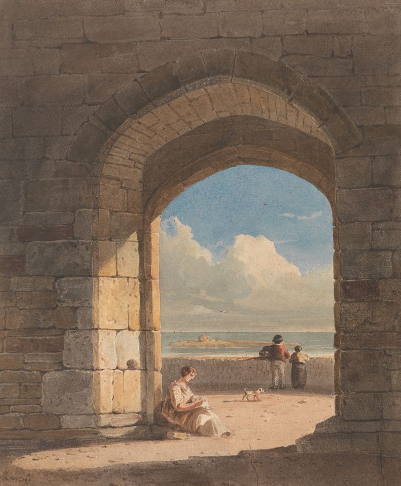 acuarela de John Varley que representa un arco de piedra en Holy Island, Northumberland