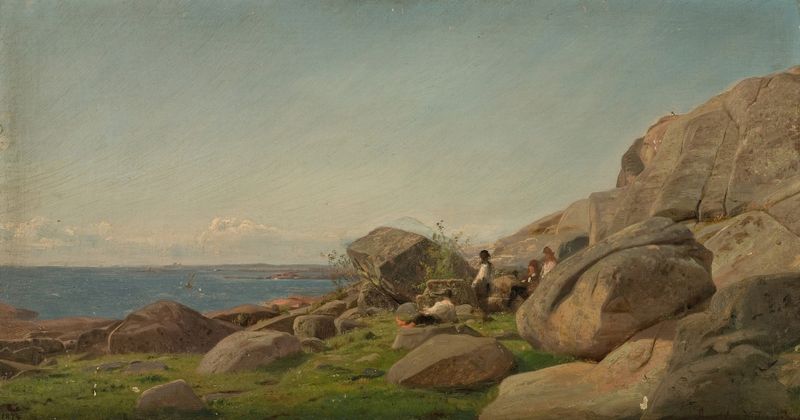 Paisaje de Hviledag ved Hvaler de Amaldus Nielsen, óleo sobre lienzo, que muestra agua tranquila y luz solar.