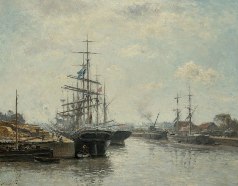 Caen. Le Bassin de Saint-Pierre de Stanislas Lépine, óleo sobre lienzo que representa una escena de río tranquila.