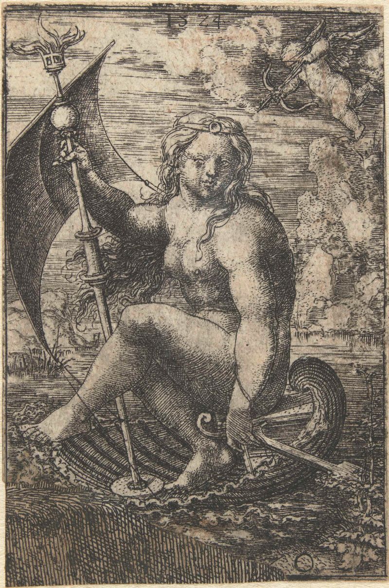 Engraving by Dirck Vellert depicting Venus emerging from a shell