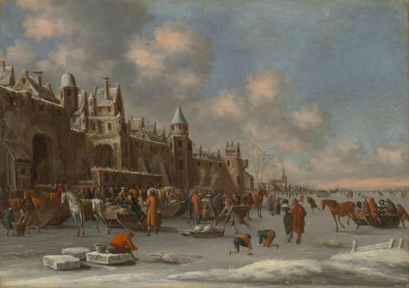 A winter landscape with skaters on a frozen lake near a city wall, oil painting by Thomas Heeremans