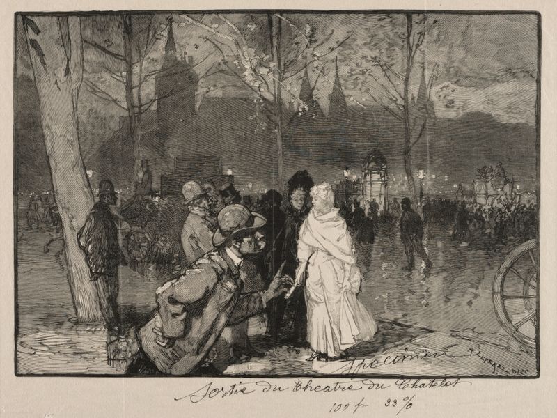 Sortie du Théâtre du Chatelet by Auguste Louis Lepère, impressionist oil painting of figures in light.
