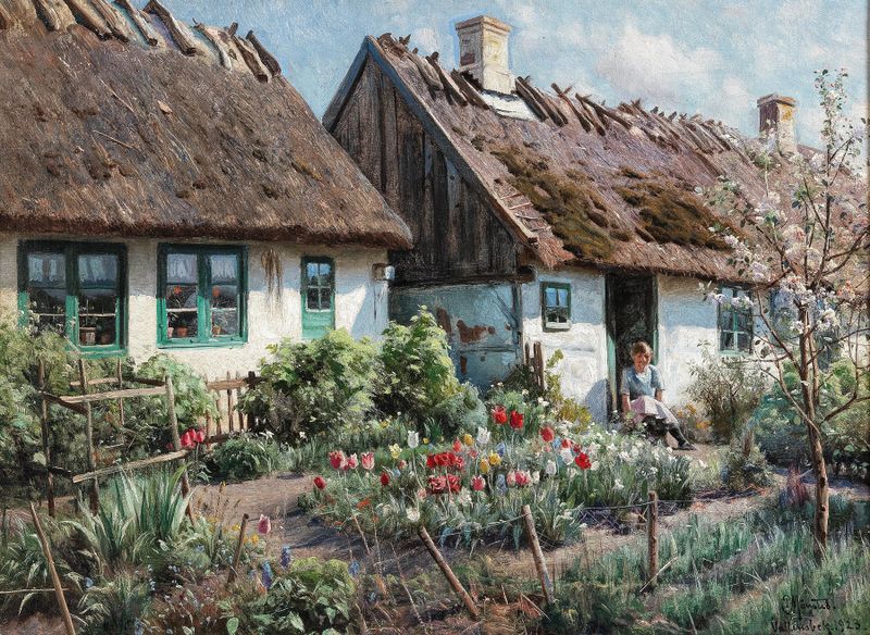 Cena botânica com tulipas e luz do sol, pintura a óleo de Peder Mørk Mønsted