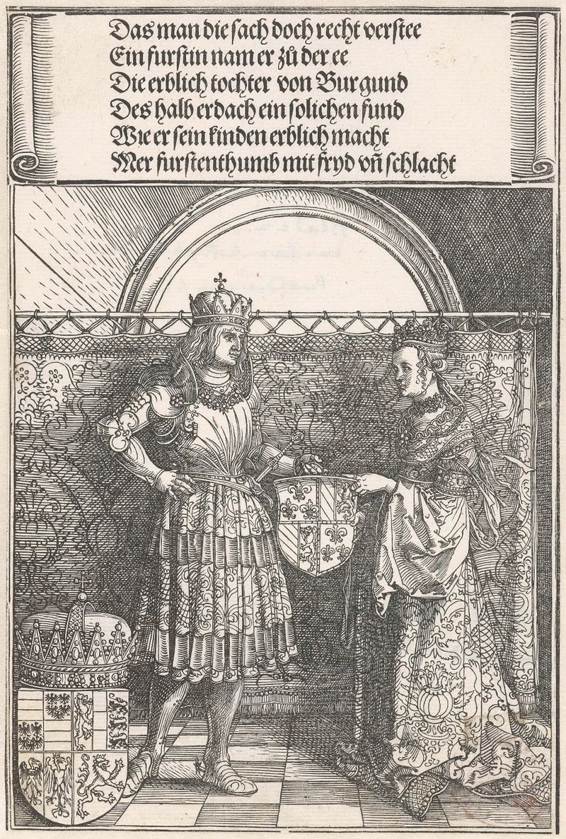 Cena histórica de Maximiliano se casando com Maria da Borgonha, papel de Albrecht Dürer