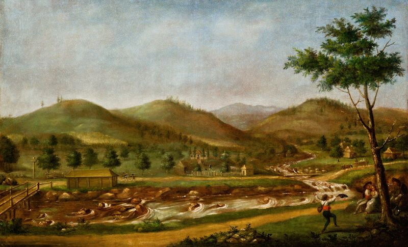 Mountain View by Teodor Baltazar Stachowicz, oil on canvas depicting a landscape with lavender peaks.