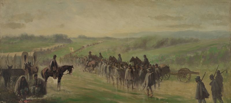 Historical scene of soldiers marching through the rain, oil painting by Edwin Forbes