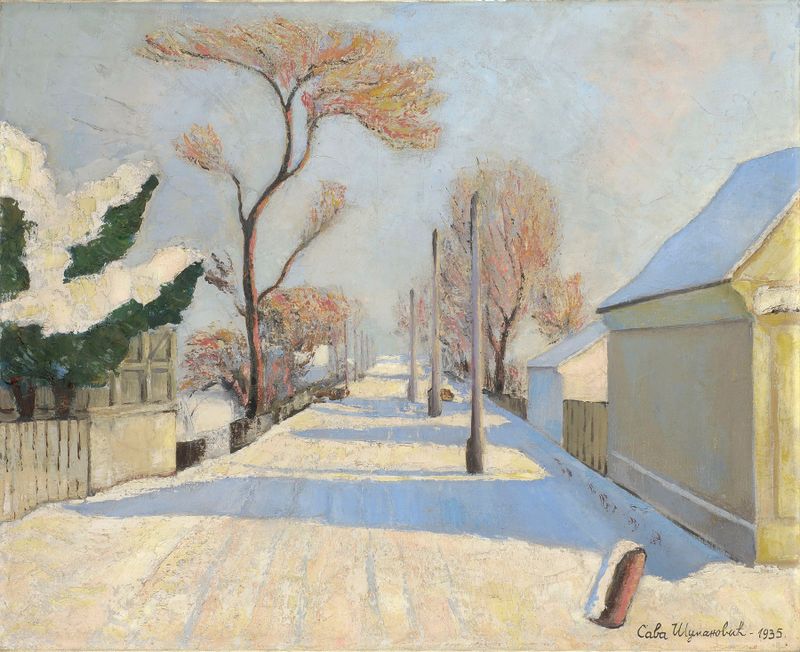Paisaje invernal con techos cubiertos de nieve, pintura al óleo de Sava Šumanović