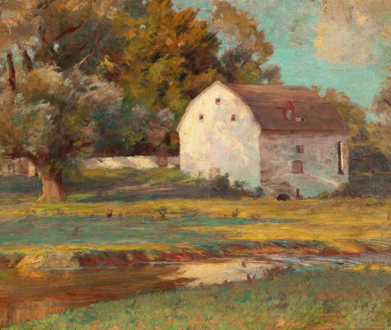 Landscape depicting a barn with shadows and sunlight, by Walter A. Clark