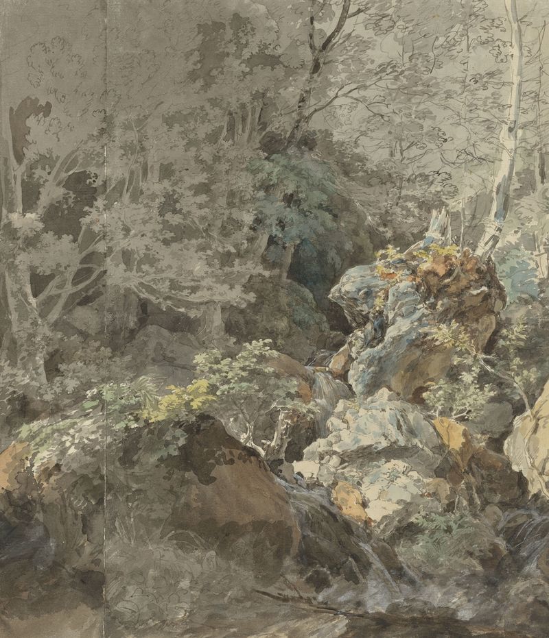 Cascadas en un Bosque de Montaña de Johann Georg von Dillis, pintura al óleo que representa un paisaje sereno con agua en ...