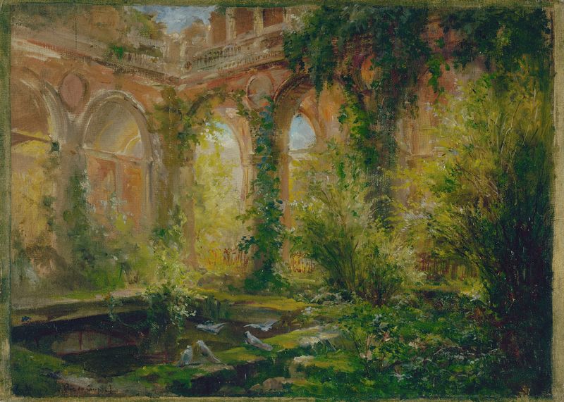 Engraving by Jean Baptiste Edmond Allouard depicting ruins and light.