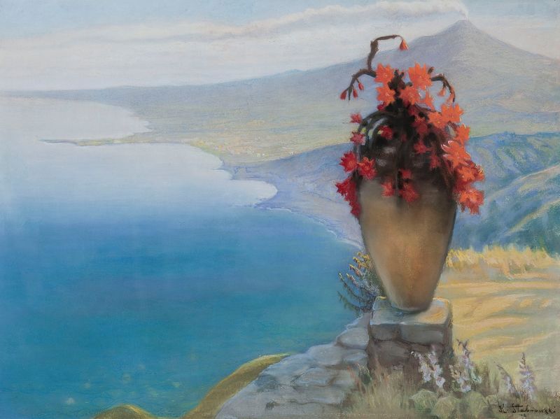 View of Taormina by Kazimierz Stabrowski, oil painting depicting twilight landscape and ancient ruins.