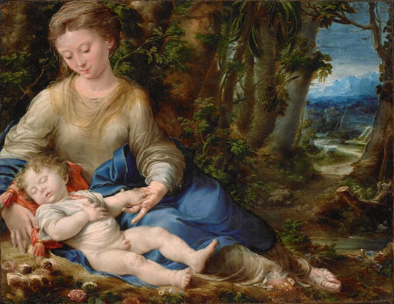 A Virgem e a Criança em uma Paisagem, óleo sobre painel de Girolamo Mazzola Bedoli
