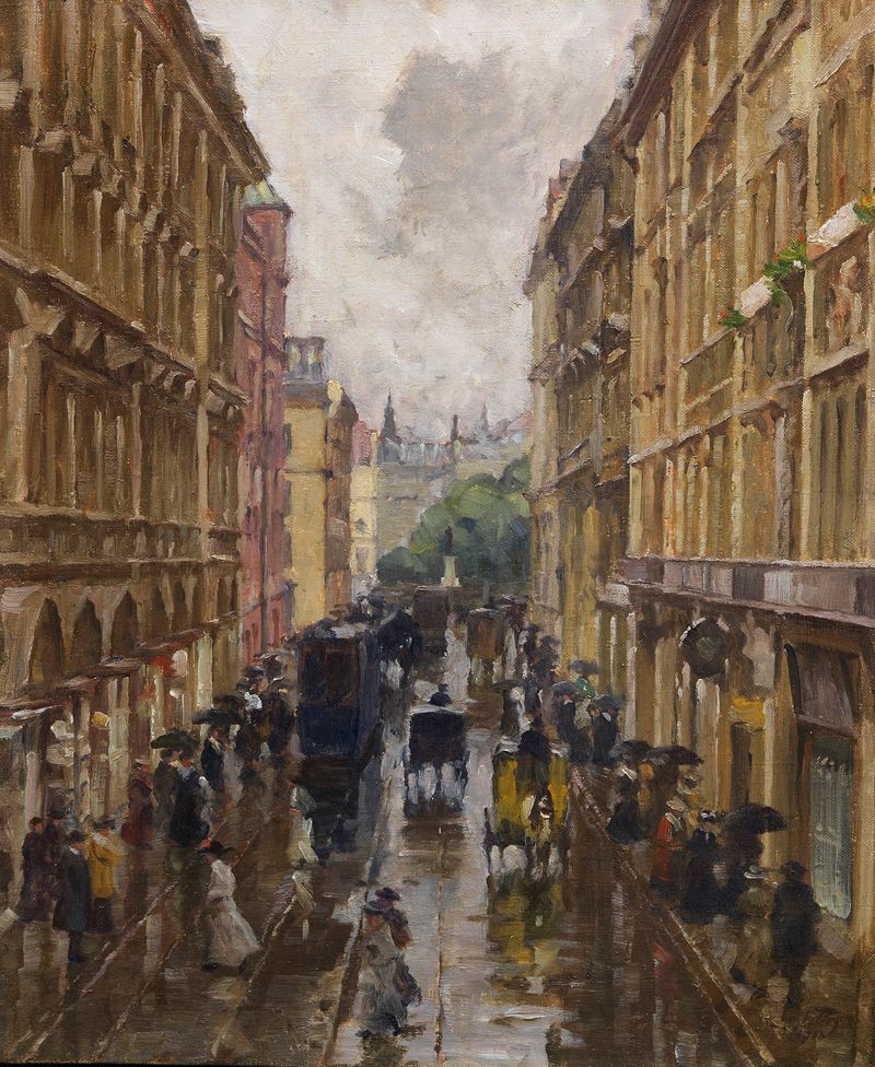 Maffeistraße im Regen, oil on canvas by Charles Vetter, depicting a rainy city landscape.