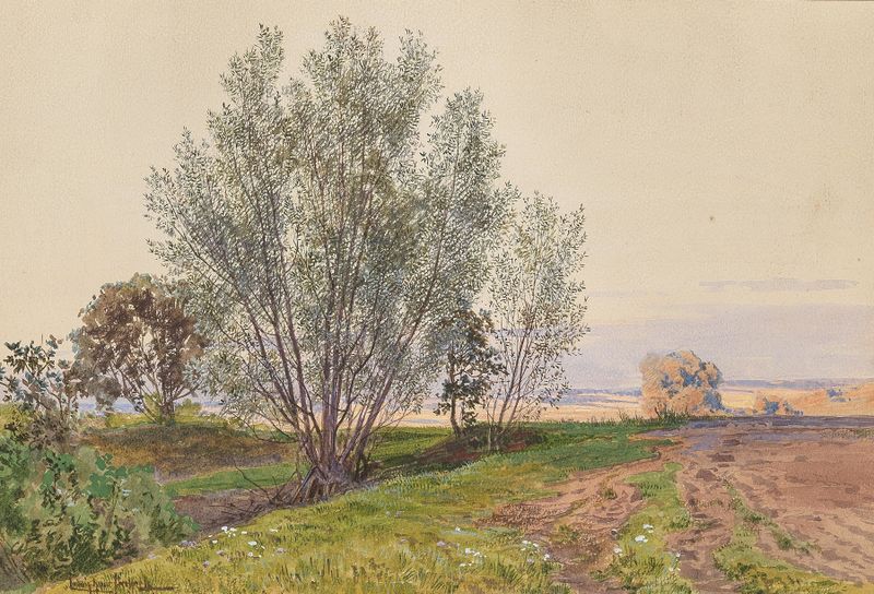 Landscape depicting a sunlit field and brook by Ludwig Hans Fischer, Impressionism