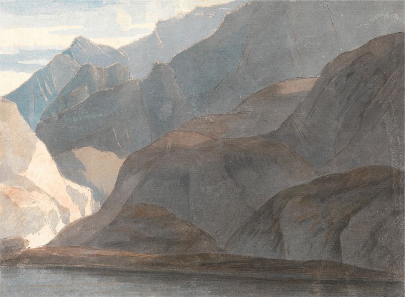 watercolour by Francis Towne depicting a serene lake with hills and reflections